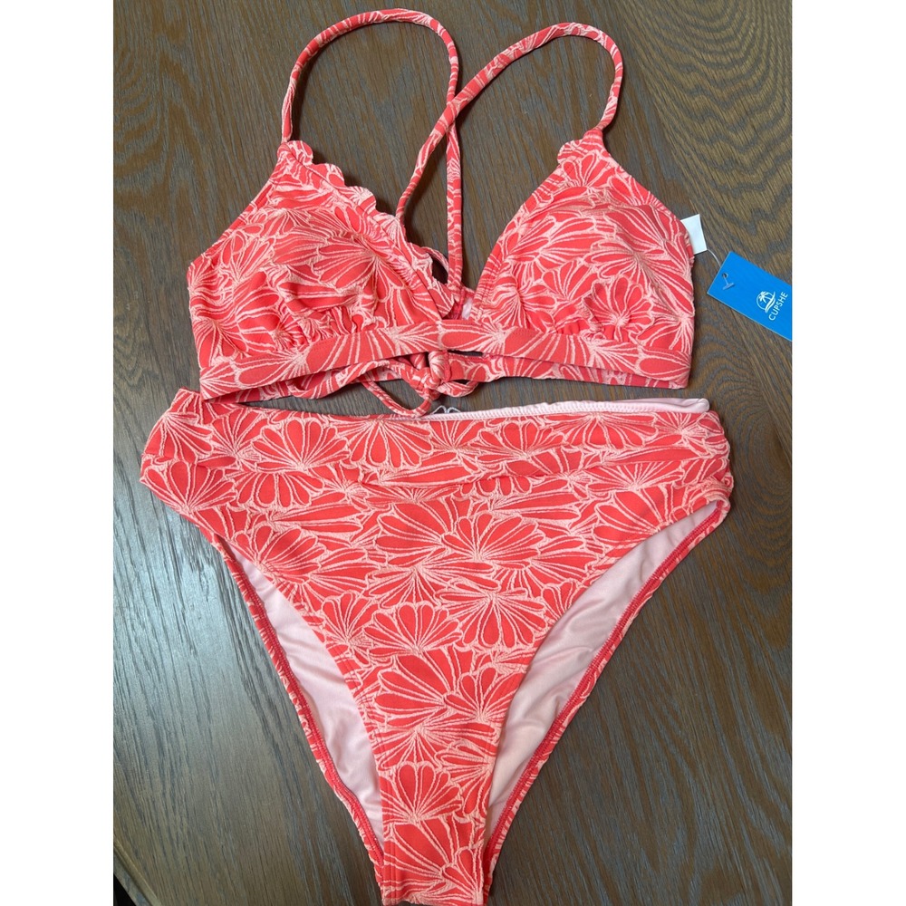 Cupshe Coral Pink Floral Shell High Waisted Bikini Set L